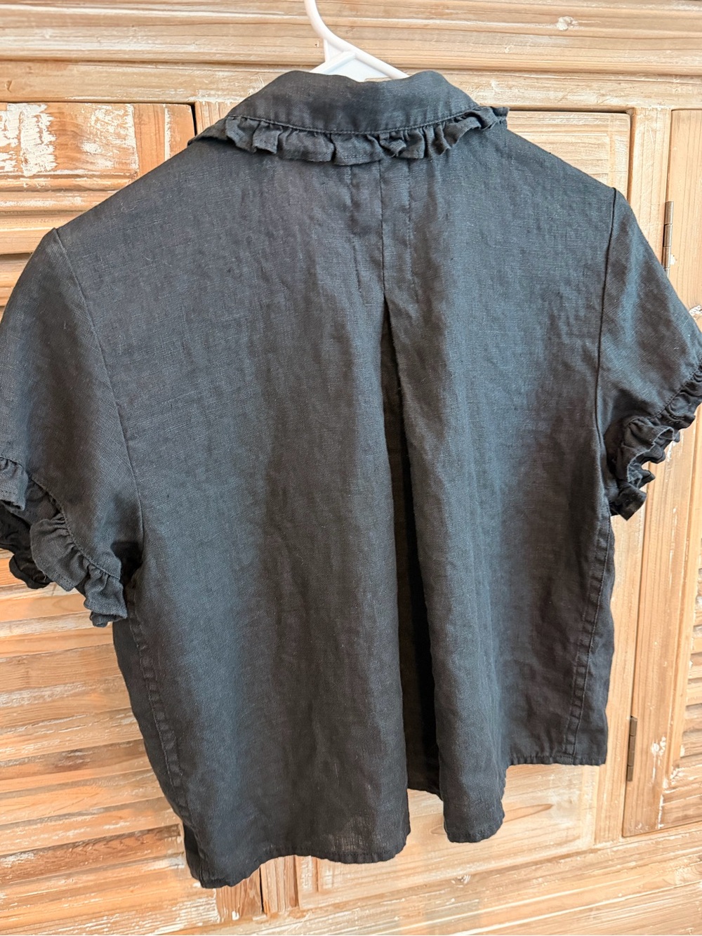 J. Crew Black 100% Linen Ruffle Trim Short Sleeve Button Up Shirt (Size XS) - Picture 4 of 11
